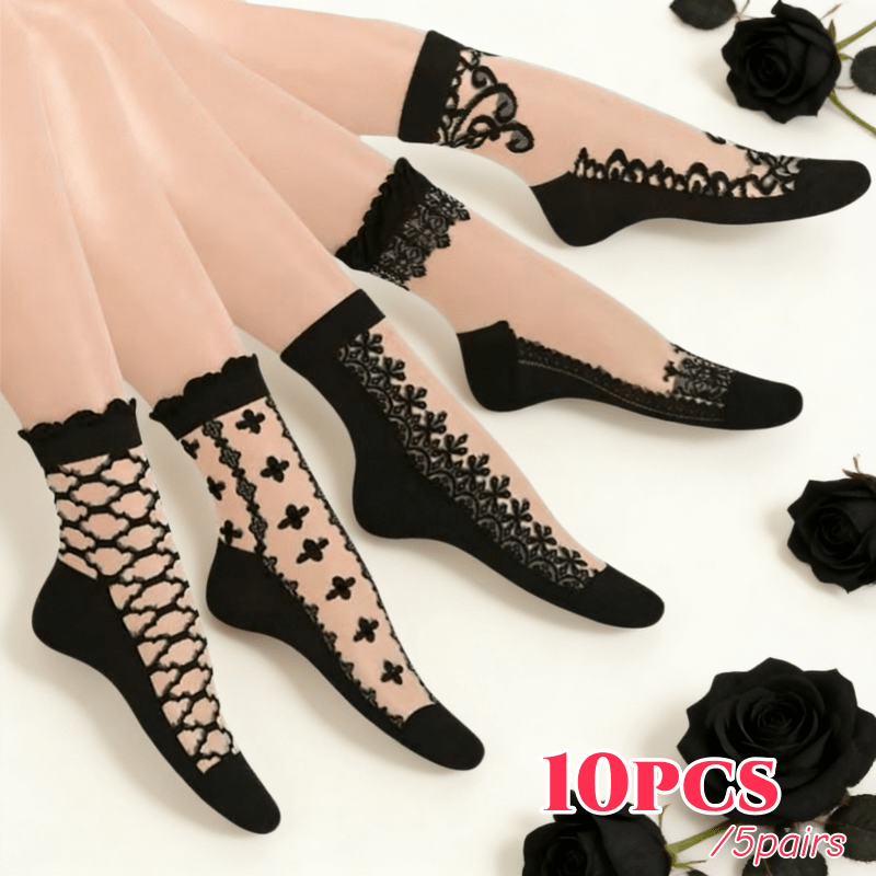 Image of Mix 10pcs/5 Pairs Women's Black Printed Breathable Thin Stockings - Breathable And Comfortable, Light And Transparent Mid-calf Design, Bohemian Style, Suitable For Women' Wear