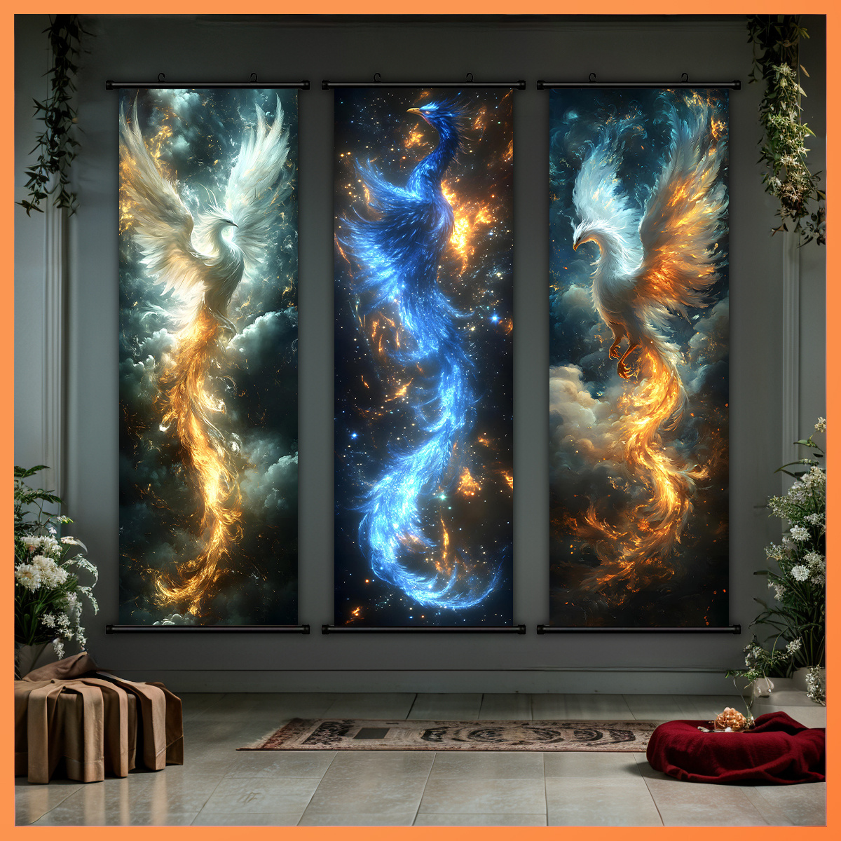 TEMU 2d Flat, 2d Flat, -1 Set Of 3pcs, Fantasy Phoenix Anime Canvas Wall Art, Plastic Frame Ink Scroll, High-definition Fade-resistant Poster,