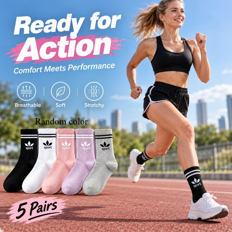 TEMU 5-pair Random Style Unisex Mid-calf Socks, High-waist Long Sports Socks, Dopamine Minimalist Letter Cuff Socks, Breathable And Comfortable, Soft