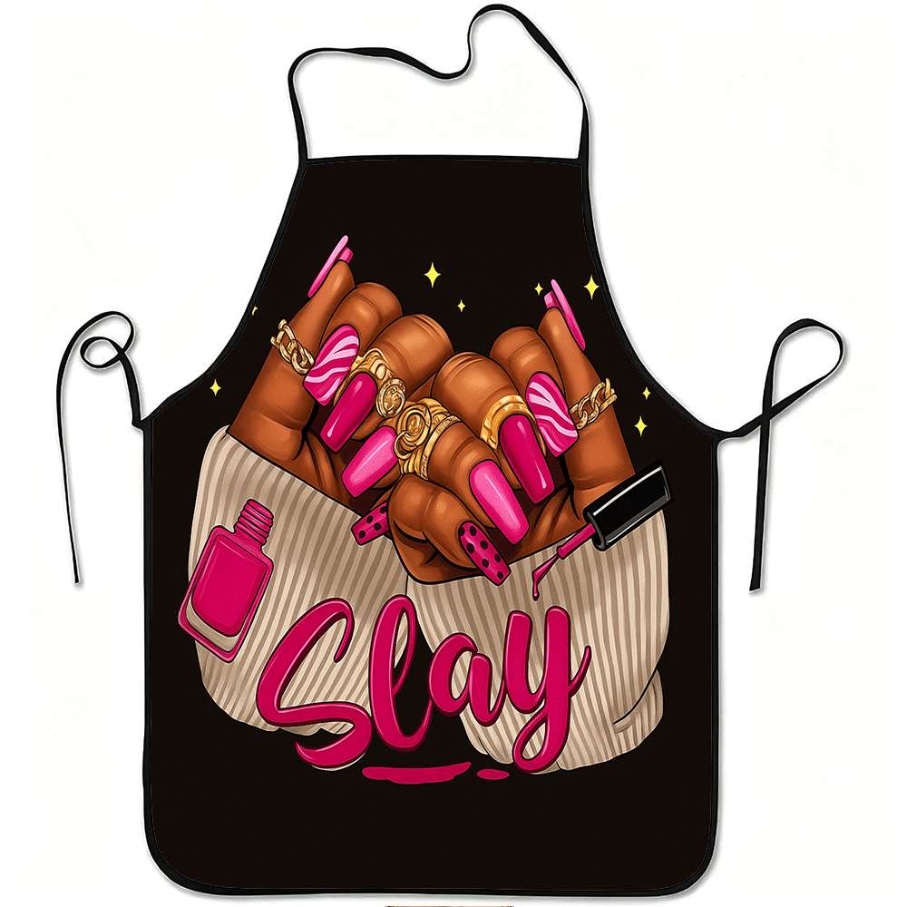 TEMU 1pc Slay Nail Print Apron, Durable And Easy To Clean, Adjustable Waistband, Polyester Material, For Kitchen Cooking, Gardening, Picking,