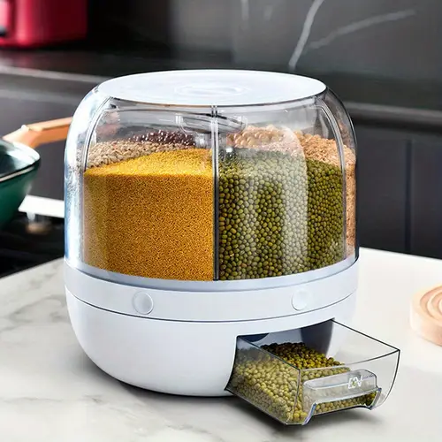 a rotating grain storage box divided rice bucket large capacity grain container moisture proof and sealed storage container suitable for rice grain flour household rice and grain dispenser food household kitchen sup
