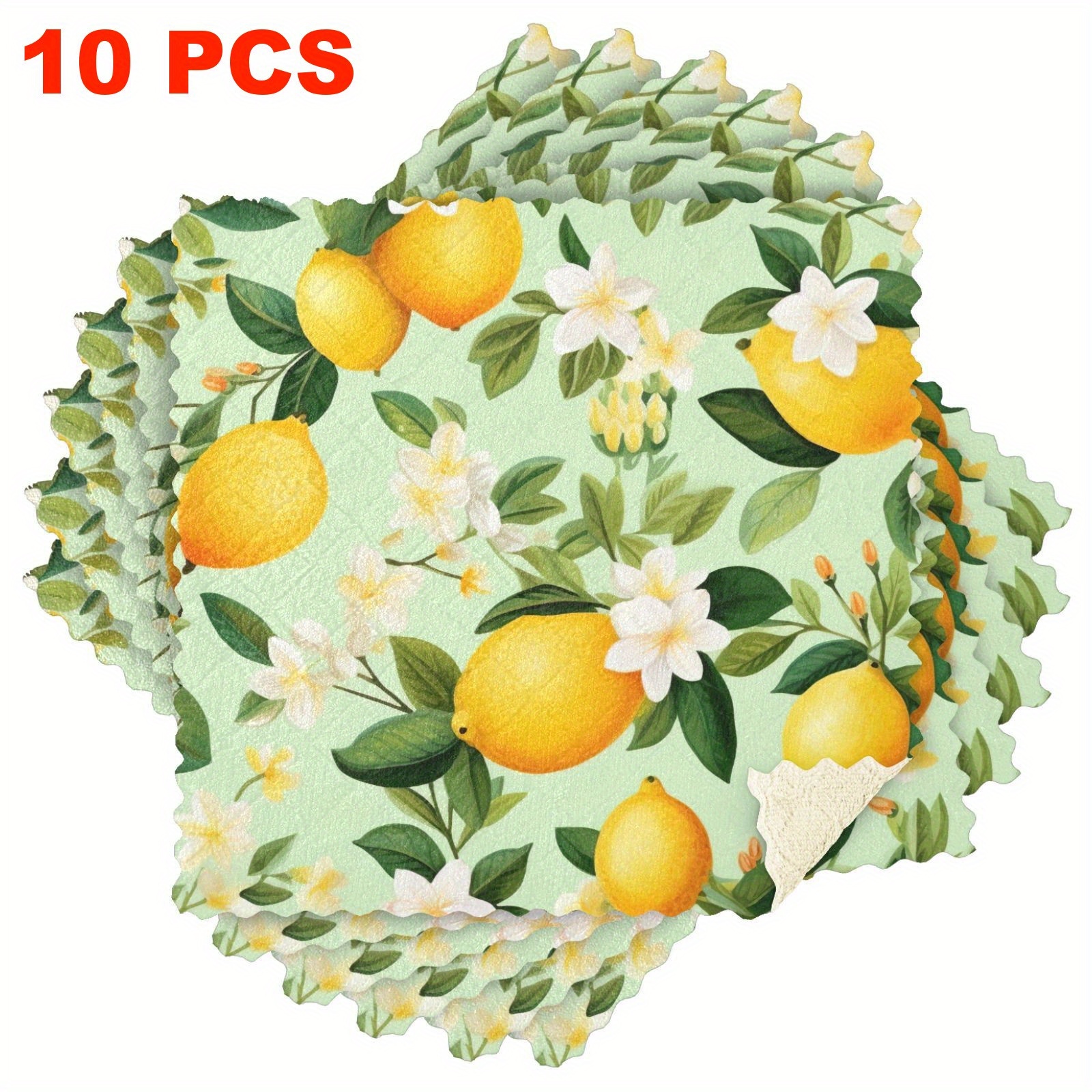 TEMU 3/6/10-pack Kitchen Dish Towels With Lemon Pattern Reusable Cleaning Cloth Microfiber Scouring Pad Highly Absorbent Easy To Clean Thick Fleece