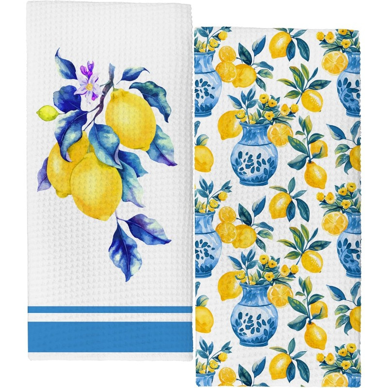 

2pcs 18x26 Inch Yellow And White Porcelain Kitchen Towels, Soft Polyester Dish Towels, Spring And Summer Farmhouse Hand Towels, Seasonal, Drying Cloth, , Square Shape