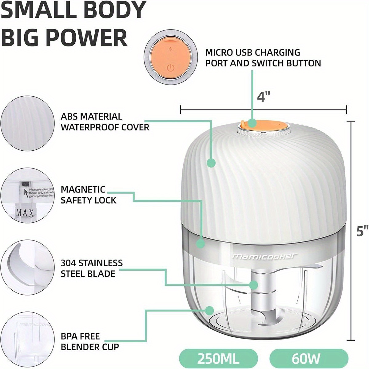 1-touch electric garlic  per with 8.45oz large capacity &   function ( /grind/mash/blend) - cordless mini food processor with usb-powered motor, 50-cut capacity, safety lock & bpa-free - compact portable design for vegetables, meat, ginger, chili, fruits - ideal for small kitchens & travel - 1-year   (30-day  ) - white & black options, mini garlic  per, garlic slicer thin cuts, garlic crusher plate, manual garlic press, garlic plate, Product details 3