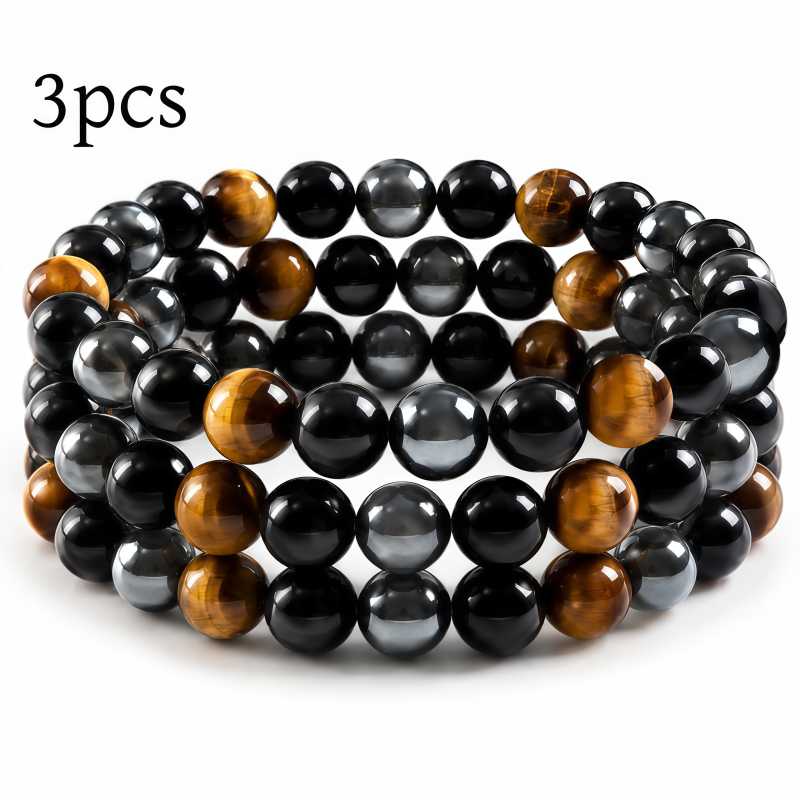 TEMU Bracciale da 3 pezzi con protezione in occhio di tigre, bracciale protettivo con perline da 8mm, bracciale elastico, bracciale unisex