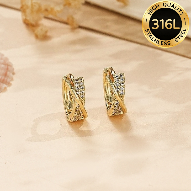 TEMU 1 Paire de Boucles d'Oreilles Croisées de Luxe Léger pour Femmes en Acier Inoxydable 316L avec Synthétique Incrustée - Plaqué Or 18K -