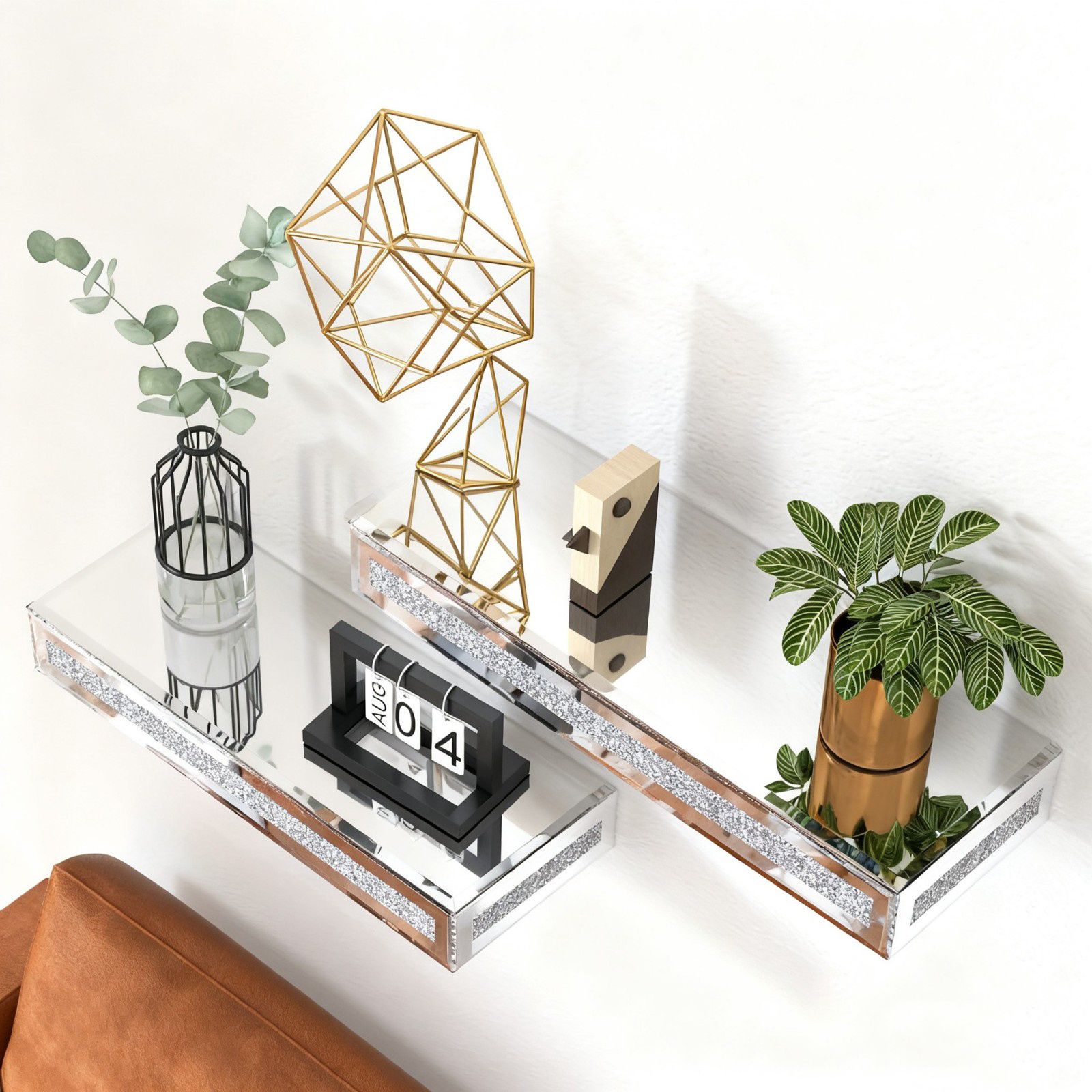 TEMU 2pcs Rectangular Elegant Glass Floating Shelves With Sparkling Gemstone Inlay - Wall- Mounted Decorative Display Racks For Living Room, Bedroom,