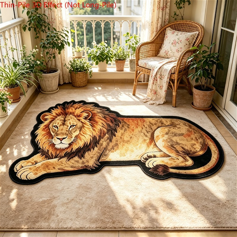 TEMU Velvet 900g 9mm [2dflat] Thin Plush 3d Effect, Non-long Pile, Dominant Lion Lying Shape Carpet Realistic Animal Shape Bedroom Bedside Rug