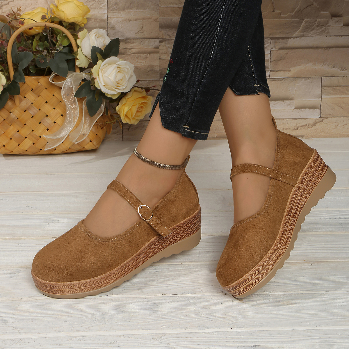 TEMU New Style Women's Mary Jane Shoes, Thick-soled Platform Heels With Ankle Straps And Fasteners, Suitable For Casual Wear., Women Shoes