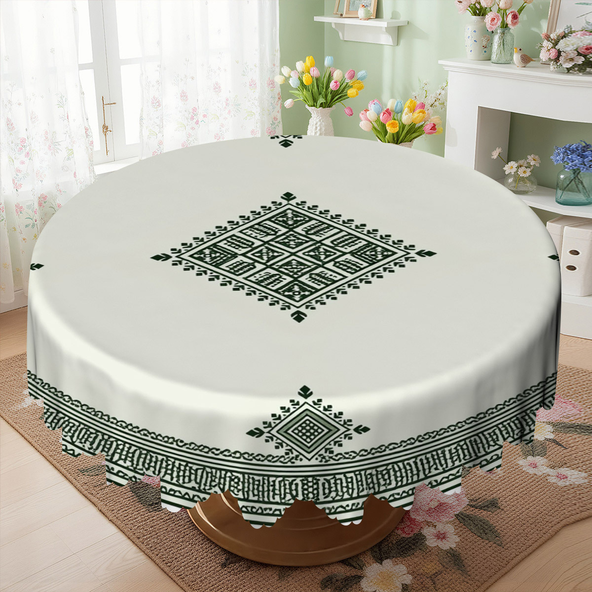 TEMU 1pc, Nappe de table pour fête à thème de motif géométrique ethnique, Style de broderie vintage, Design imprimé, Rectangulaire/Ronde/Nappe, Bords