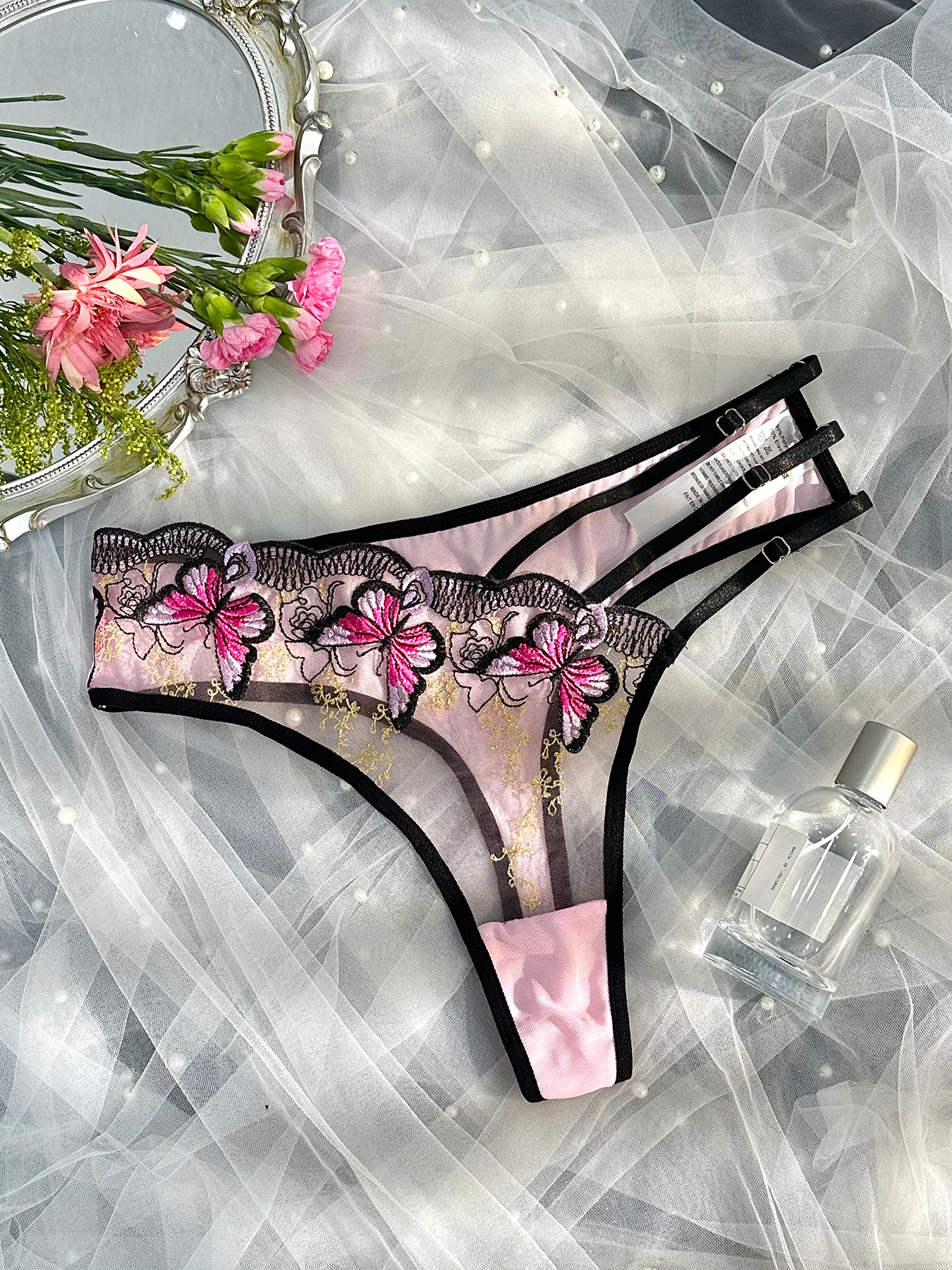 Women'S Plus Size Sheer Sexy Embroidered Lace Briefs with Asymmetrical Design, Adjustable Mid-Rise, No Padding, Medium Stretch Fabric, Lace Underwear, Elegant Underwear, Asymmetrical Briefs, No Padding Briefs, Stretchy Fabric Briefs