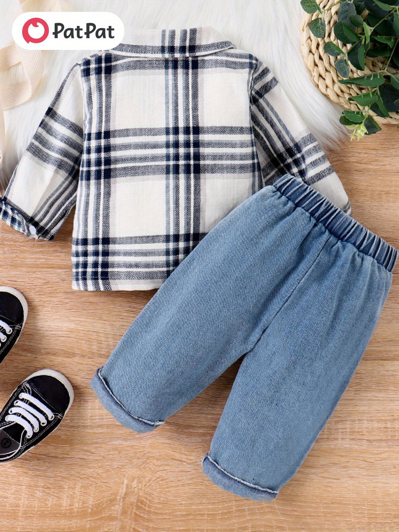 PatPat 2pcs Baby Boy Outfit: Plaid Long-Sleeve Shirt with Patch Pocket & Elastic Denim Jeans Set - Machine Washable, Ideal for Spring/Fall, Baby Boy Clothes, Perfect for Outdoor - Image 2