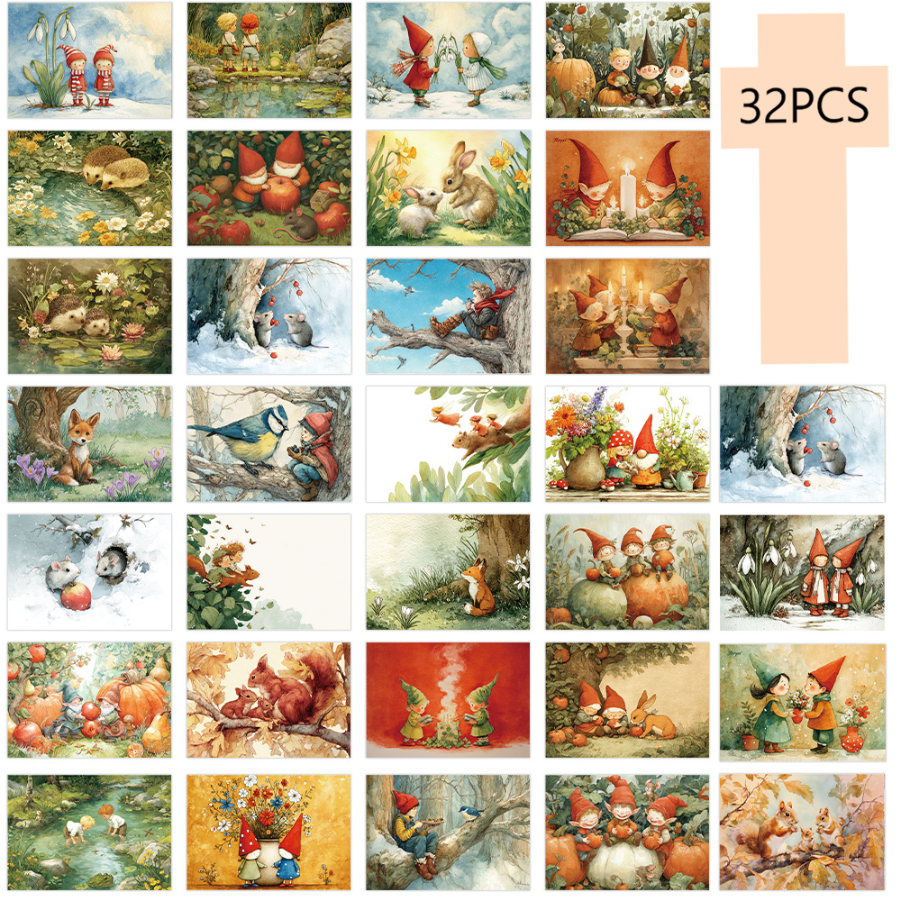 TEMU 32pcs Of Watercolor Forest Fairy Tale Animal Scene Postcards, Featuring A Whimsical Forest Style Theme, Perfect For Christmas, Birthdays, New