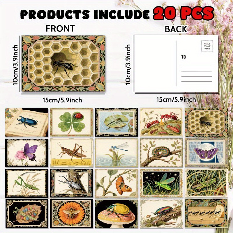 TEMU 20pcs Of Multi-colored Retro Insect-themed Postcards, A Everyday Gift For Ones, Suitable For Congratulations, Birthday Gratitude, And Positive