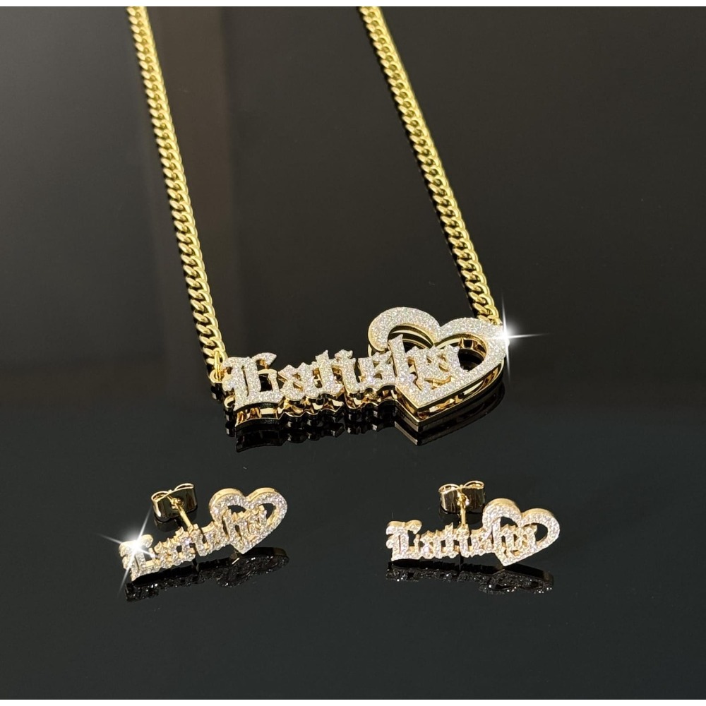 TEMU Custom Nk Double-layer Necklace With Earring Set, Gothic Font, Personalized Jewelry