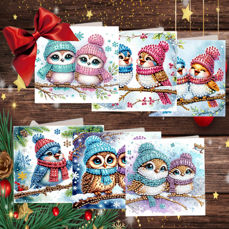 TEMU 6pcs Set Of Unique New Diamond Painting Greeting Cards, Cartoon Birds In The Snow Pattern Themed Cards, Birthday Holiday Greeting Cards, Adult