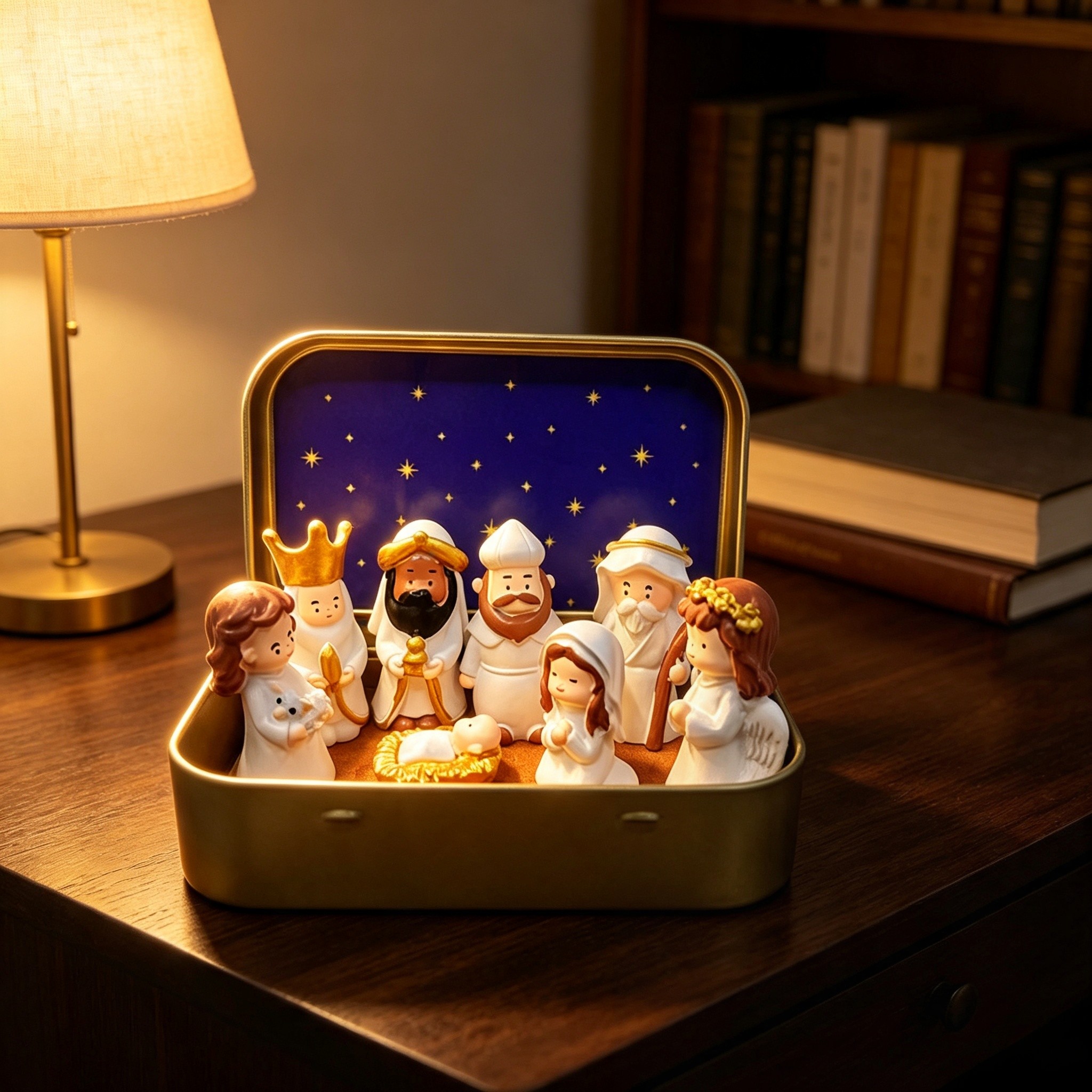 TEMU Mini Nativity Set For Christmas, 8pcs White Resin Manger Scene Figurines With & Starry Sky Background, Minimalist Religious Desktop Decor Gift