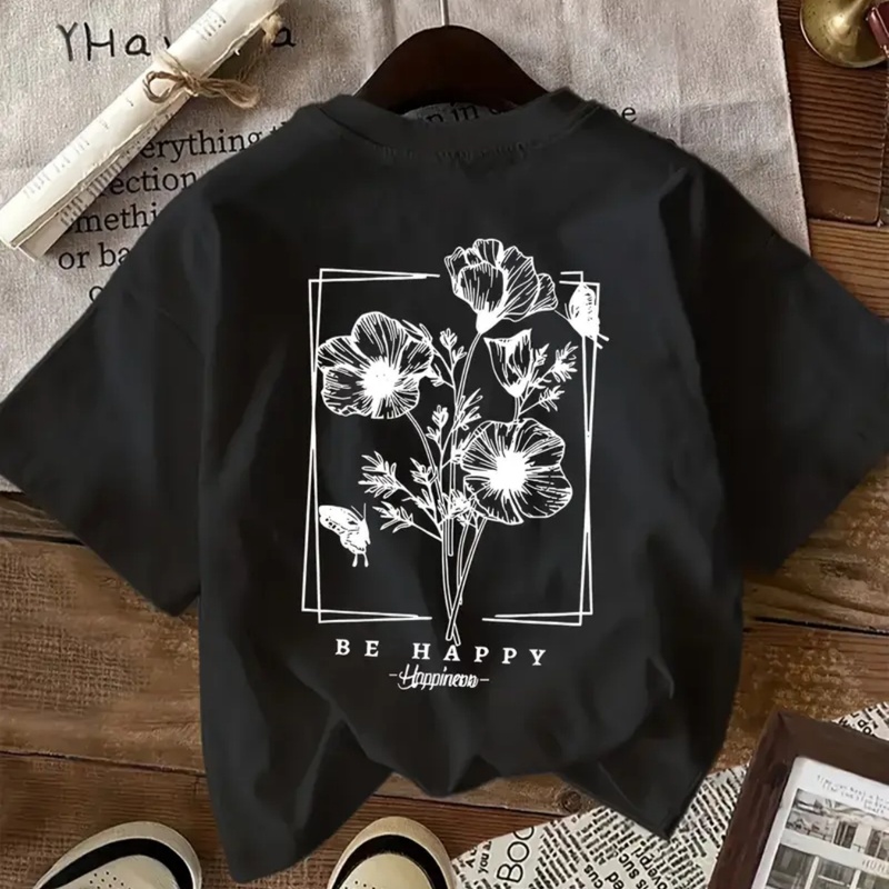 Women'S Black Short-Sleeve T-Shirt - Soft Everyday Casual Tee with Minimalist Floral design, Machine Washable Everyday Basic Top for Women - Spring/Summer Wardrobe Essential, Ladies T Shirts, Spring Summer Apparel, Artistic Graphic Shirt, Comfortable Fit Shirt, Spring Fashion, Relaxed Style, Breathable Material, Printed Shirt, Trendy Women