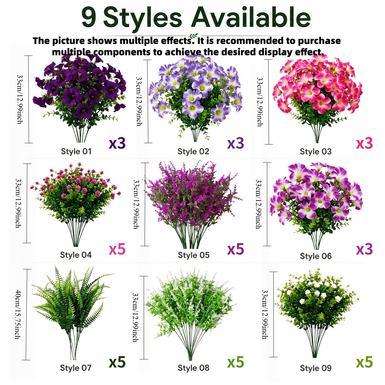 TEMU Ensemble de 37 fleurs artificielles d'extérieur, fleurs artificielles en plastique résistantes aux UV et au soleil, bouquets artificiels pour