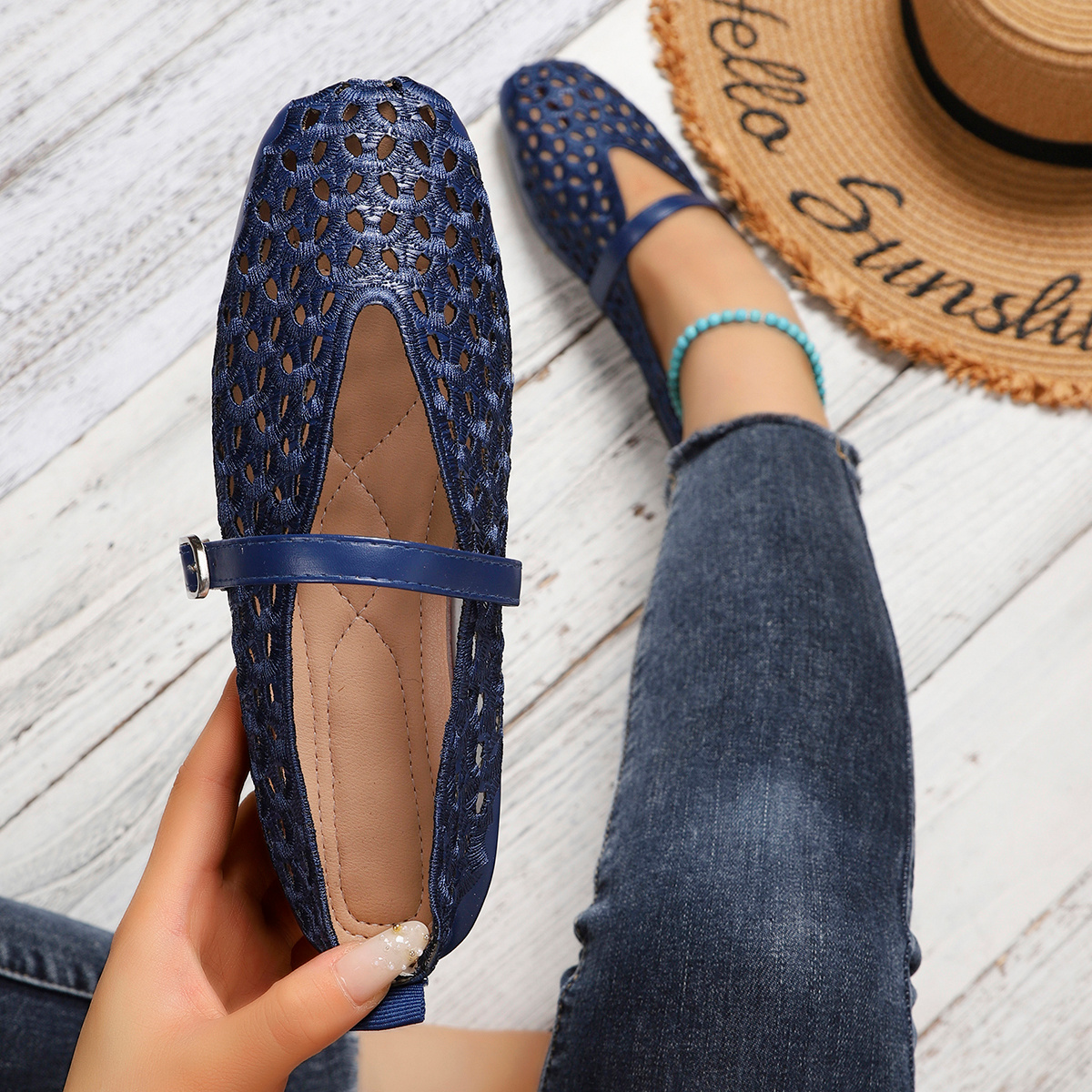 womens summer hollow out   square toe breathable woven flat shoes with single strap   casual commuter shoes women shoes