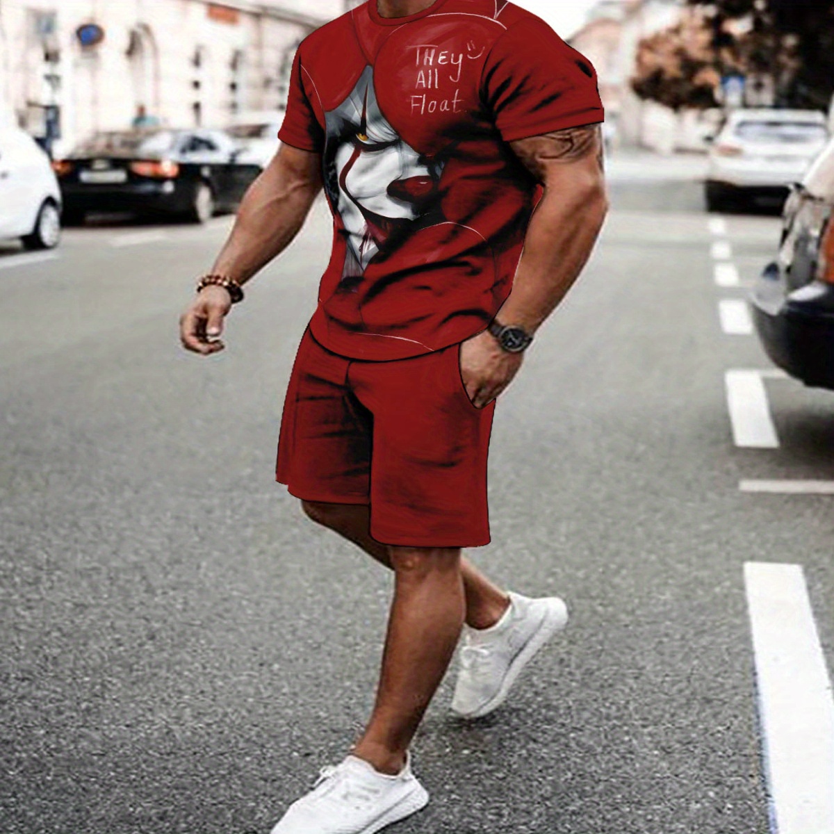 

Men's Summer Casual Sportswear Set, Breathable 3d Print T-shirt And Shorts, Crew Neck Knit Polyester Outfit, Regular Fit, Slight Stretch, 100gsm - Red