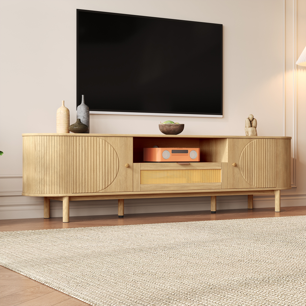 Modern TV Stand with Open Shelves & Drawers - Sturdy Metal Legs, Rounded Tabletop Entertainment Center, Living Room Furniture for Flat-Screen TVs, Media Consoles - Easy  ,  , Contemporary Design, Durable Construction, Storage Cabinet,  