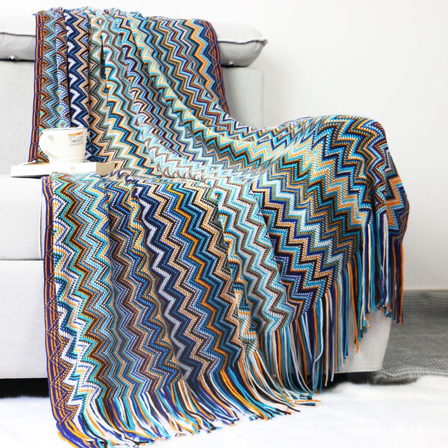 Vibrant Herringbone Fringe Throw, Nordic Vintage Style And Hair Blanket, Decorative Bedroom Throw