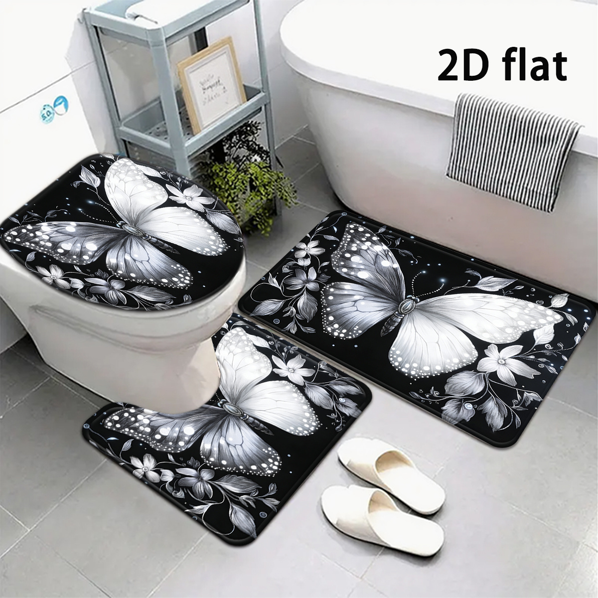 TEMU 2d Flat, 2d Flat Printing 3pcs Black And White Floral Bathroom Mat Set, European Style Aesthetic, Includes Toilet Lid Cover And Rug, Bathroom