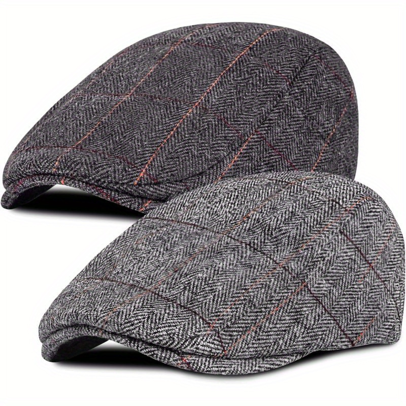 TEMU 2pcs Men's Elegant Herringbone Tweed Flat Caps |wool Blend Classic Ivy Driving Hats, Vintage News Style, Breathable & Durable For , Casual &
