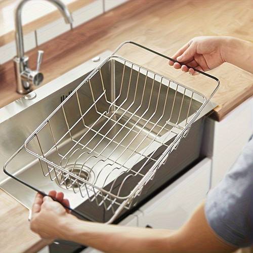 1pc of stainless steel adjustable telescopic sink filter drain pipe with telescopic armrest foldable kitchen rack used for washing dishes battery free household dish rack modern kitchen accessories adjustable kitchen filter dish rack