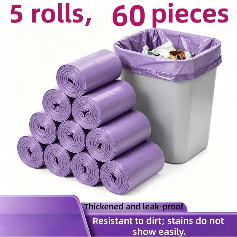 TEMU 5 Rolls 60pcs Purple Leak-proof Flat Mouth Garbage Bags, Suitable For Home, Kitchen, Office And Outdoor Cleaning! Garbage Bags, Office, School,