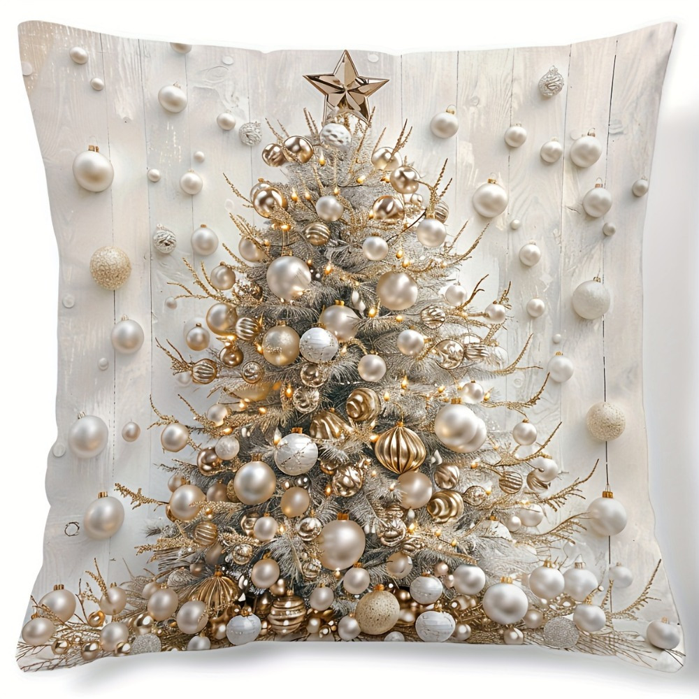 

1pc Christmas Short Plush Pillowcase - Pearl Tree Flat Print Soft Throw Pillow Cover, Hand Wash Only, Zipper Closure, Pillowcase For Living Room Dining Room Decor - Pillow Insert Not Included