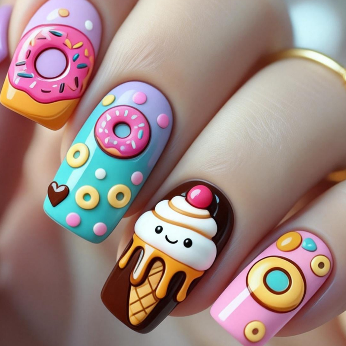 TEMU 24pcs Cream Donut Pattern Summer Pattern Nail Summer New Nail Art Removable Fake Nails Nail Sheets Medium Length Square Shape Nail Art New Year