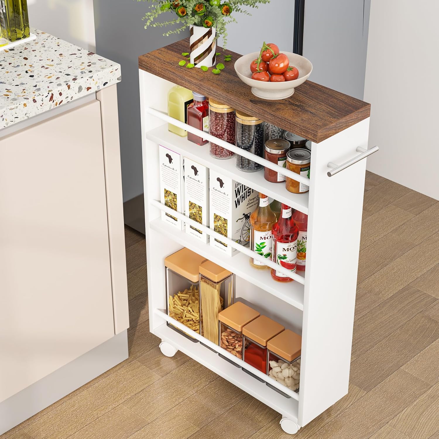 Slim Storage Cart, Rolling Narrow Kitchen Cart On Wheels For , 4-tier Slide Out Slim Utility Cart Skinny Laundry Cart With Handle For Kitchen, Bathroom, Laundry