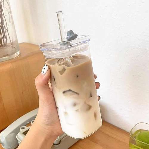 4pcs square glass cups with lids and straws 400ml aesthetic iced coffee glasses clear water tumbler cup set for home