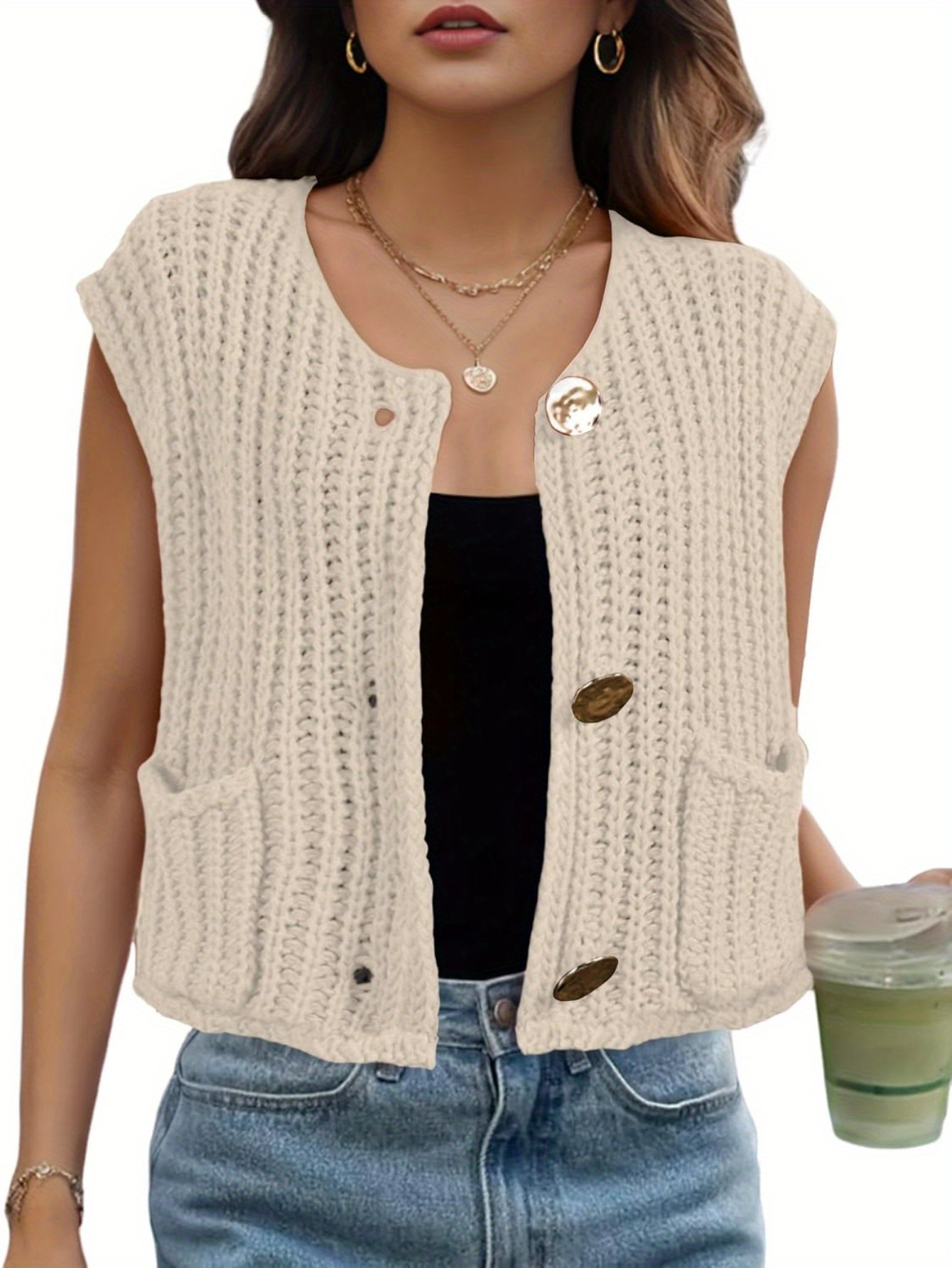 Women's Lightweight Cropped Sweater Vest Chunky Sleeveless Cardigan with  Button Front, Soft Beige Open Front Design, Side Pockets for Layering over