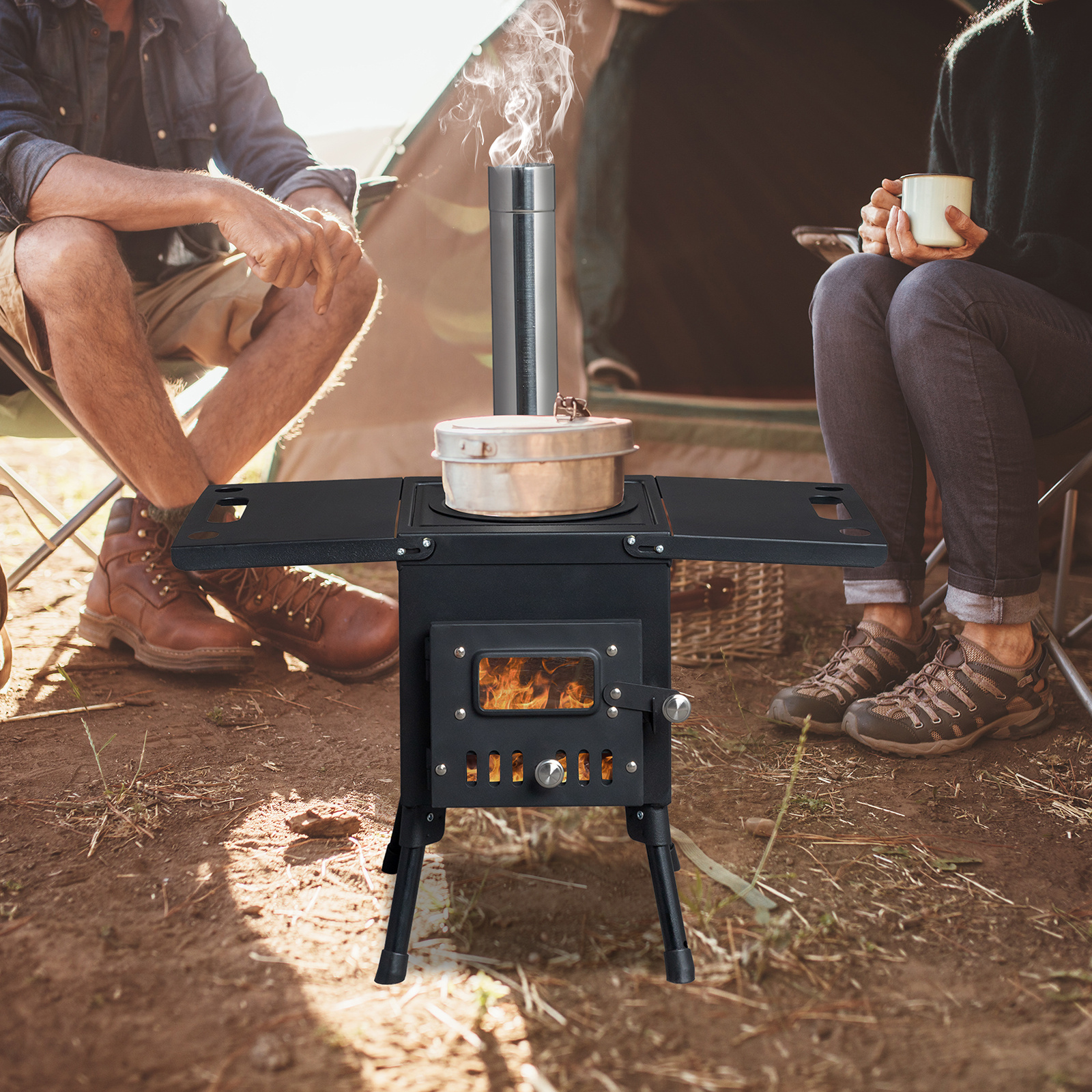 Image of Black Iron -burning Stove Measuring 57.5*31*37cm, Complete With Chimney, Ideal For Heating Outdoor Patios During Parties And Christmas