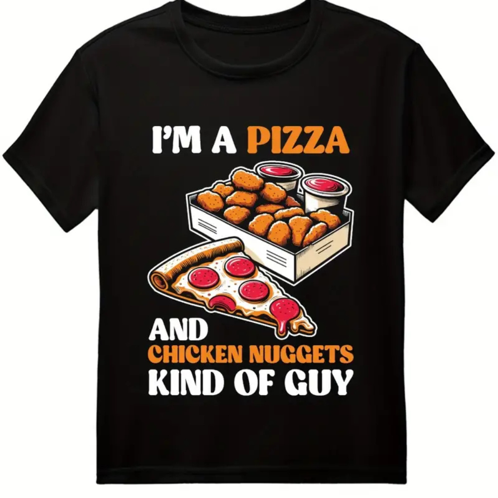 

1pc Kids' Pizza & Print T-shirt - 100% Cotton, Crew Neck, Short Sleeve, Casual Top For Boys, Soft & Breathable, Outdoor Play - Ideal Gift For Holidays