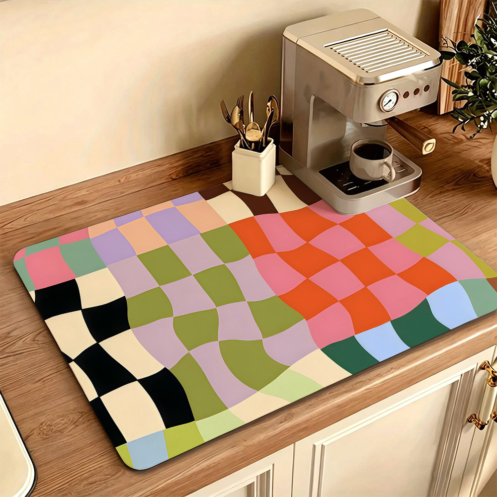 TEMU 1pc, Checkerboard Pattern Dish Drying Mat/absorbent Placemat, Non-slip Rubber Backing, Printed With A Colorful Irregular Checkerboard Pattern,
