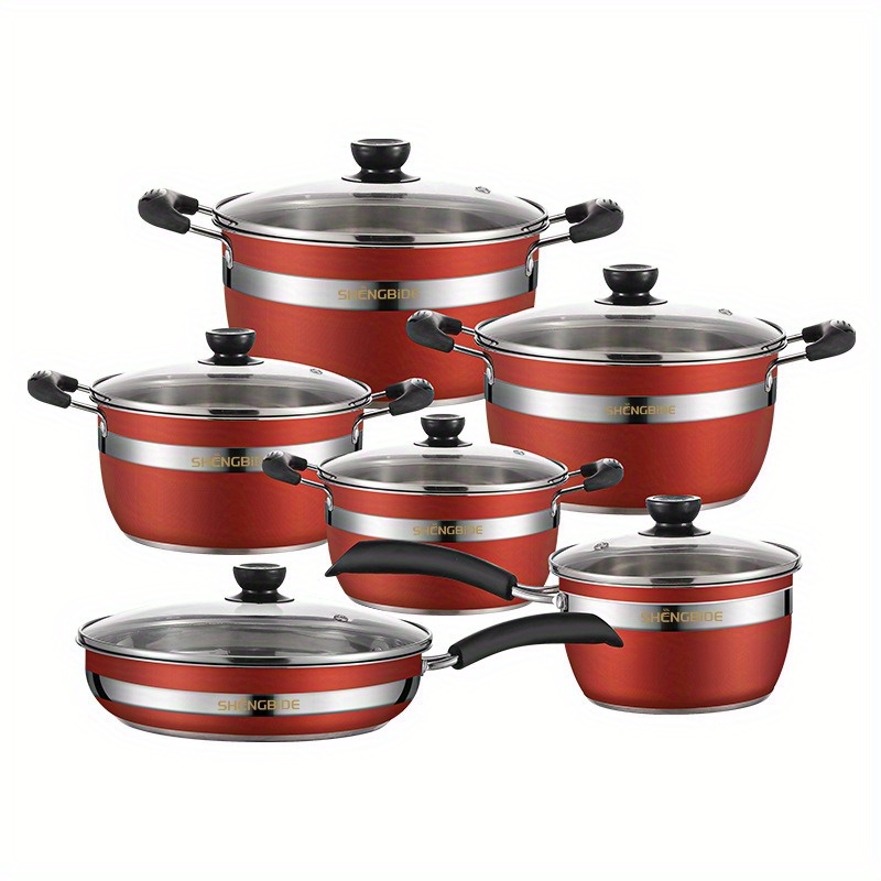 6pcs set affordable hot pot set household pot set stainless steel frying pan soup pot induction cooker colorful kitchenware details 5