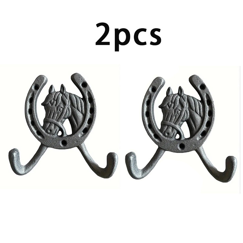 Image of 2-pack Rustic Metal Horse Head Wall Hooks, Vintage Cast Iron Horseshoe Design, Home & Garden Decor, For Hanging Clothes & Towels