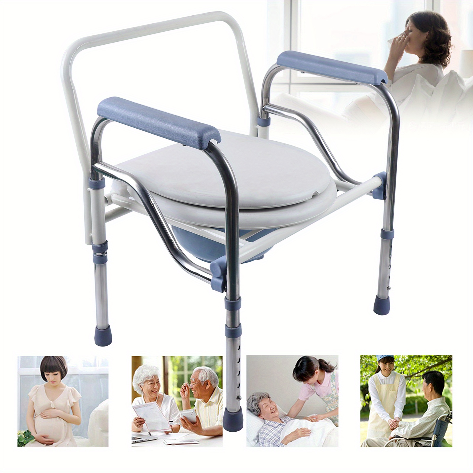 TEMU Chaise de toilette pliante - Chaise de douche à hauteur réglable avec accoudoirs, Chaise de toilette fixe pour la sécurité des personnes