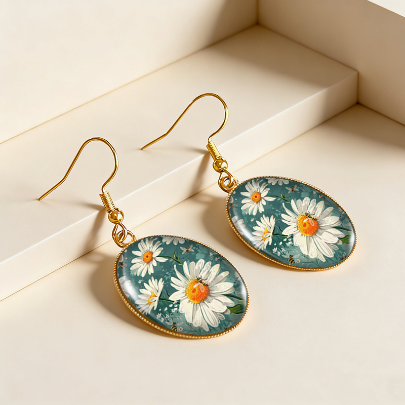 Forest Style Daisy And Bee Illustration Dangle Earrings