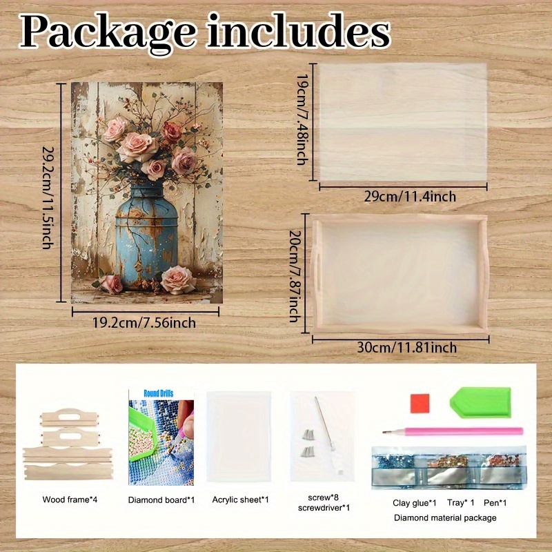 DIY Diamond Painting Tray Kit, Wooden Craft Service Tray, Round Diamonds, Full Drill, for Home Gatherings, Breakfast Serving, Coffee Tea Display, Party Supplies, Art Crafts