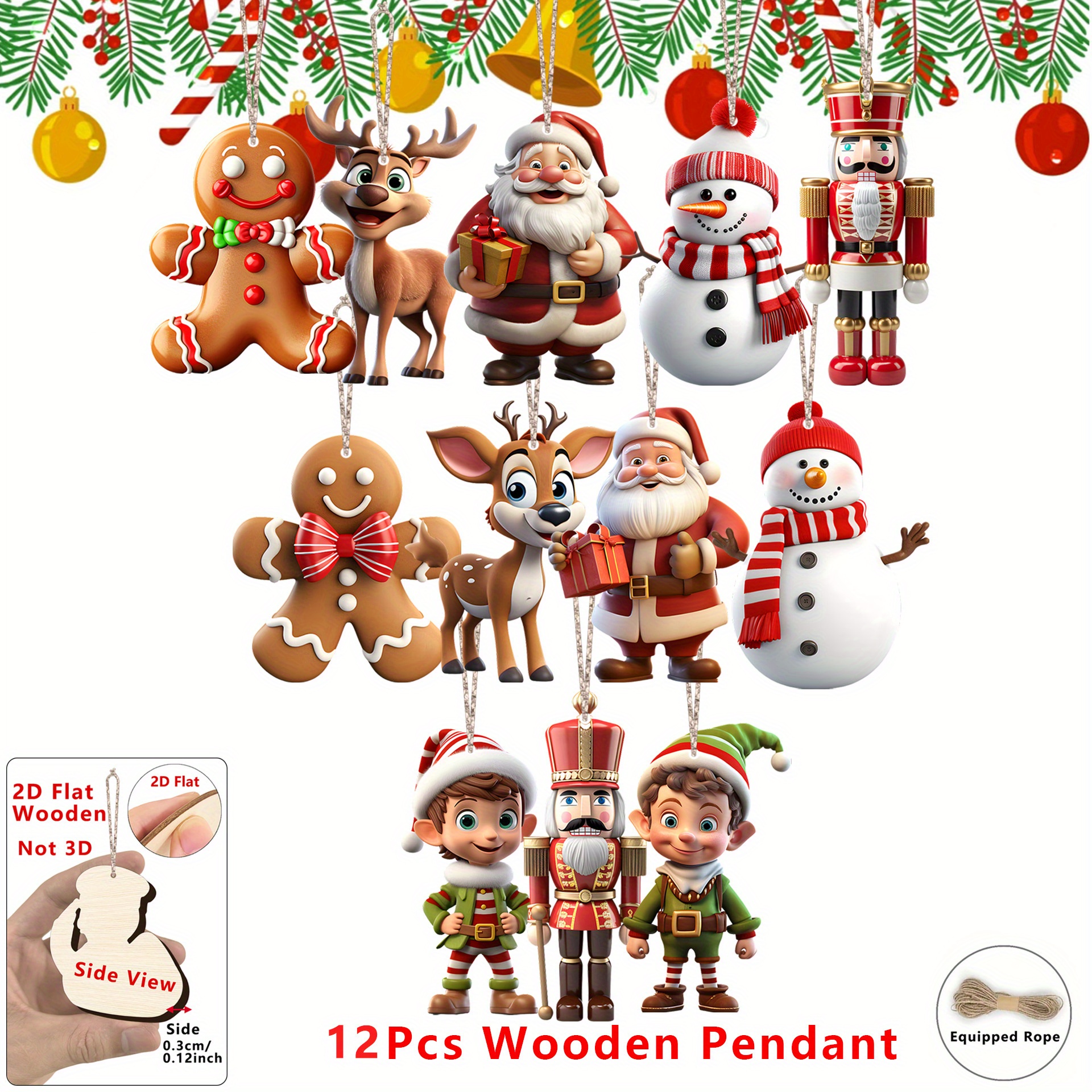 TEMU 2d Flat - 12pcs Wooden Ornament Set For Christmas Featuring Santa Claus, A Gingerbread Man, A Snowman, And A Reindeer, Suitable For Decorating