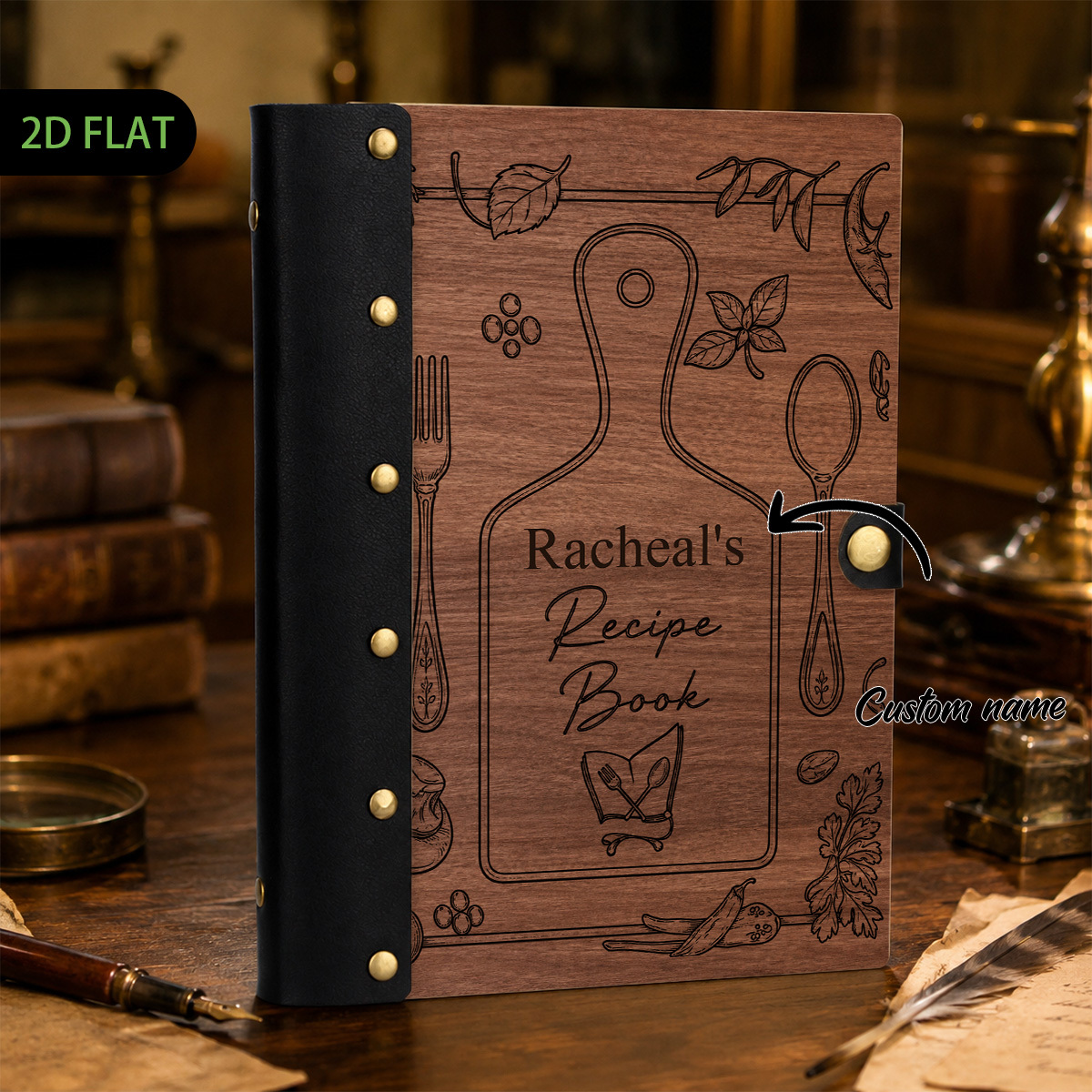 TEMU 1pc Customized Recipe Book Hardcover Notebook, 100 Pages, Leather Rivet , Wooden Hard Cover Design, Personalized Name Kitchen Journal, Cooking