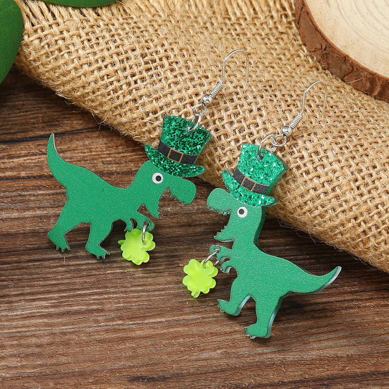 

's Day Cute Green Little Dinosaur Earrings With Hats, Stainless Steel Posts, Acrylic, Party Wear