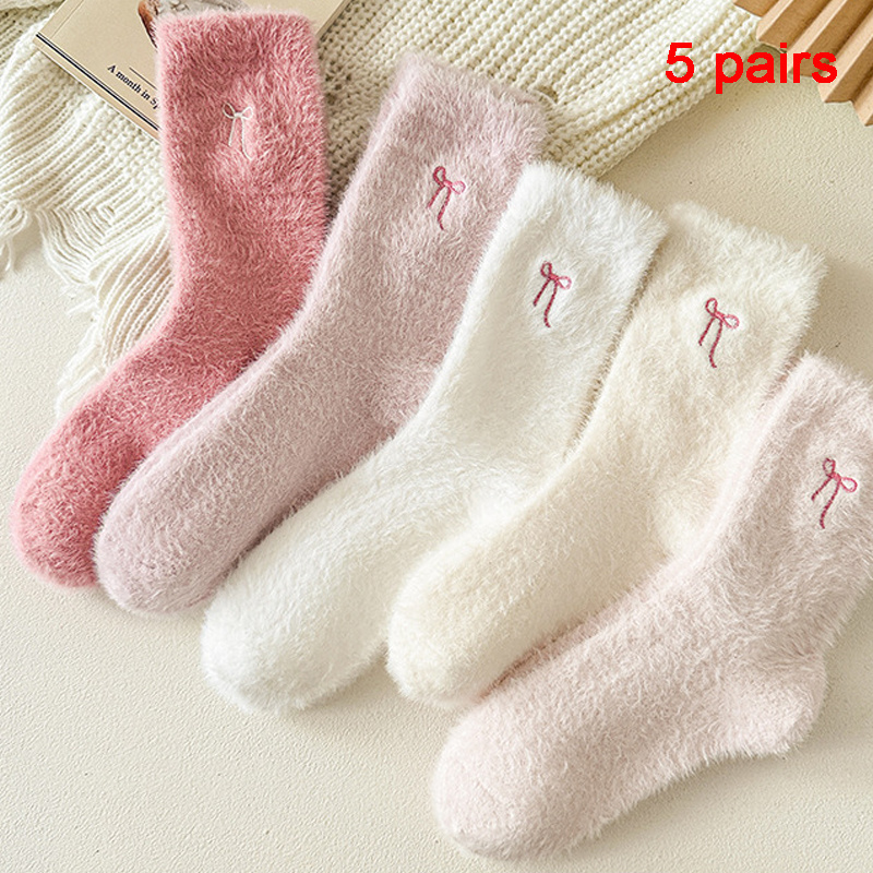 TEMU 5 Pairs Women's Plush Fleece-lined Warm Socks, Cute Sweet Bowknot Design Mid-calf Socks, Soft Comfortable Sleep Socks