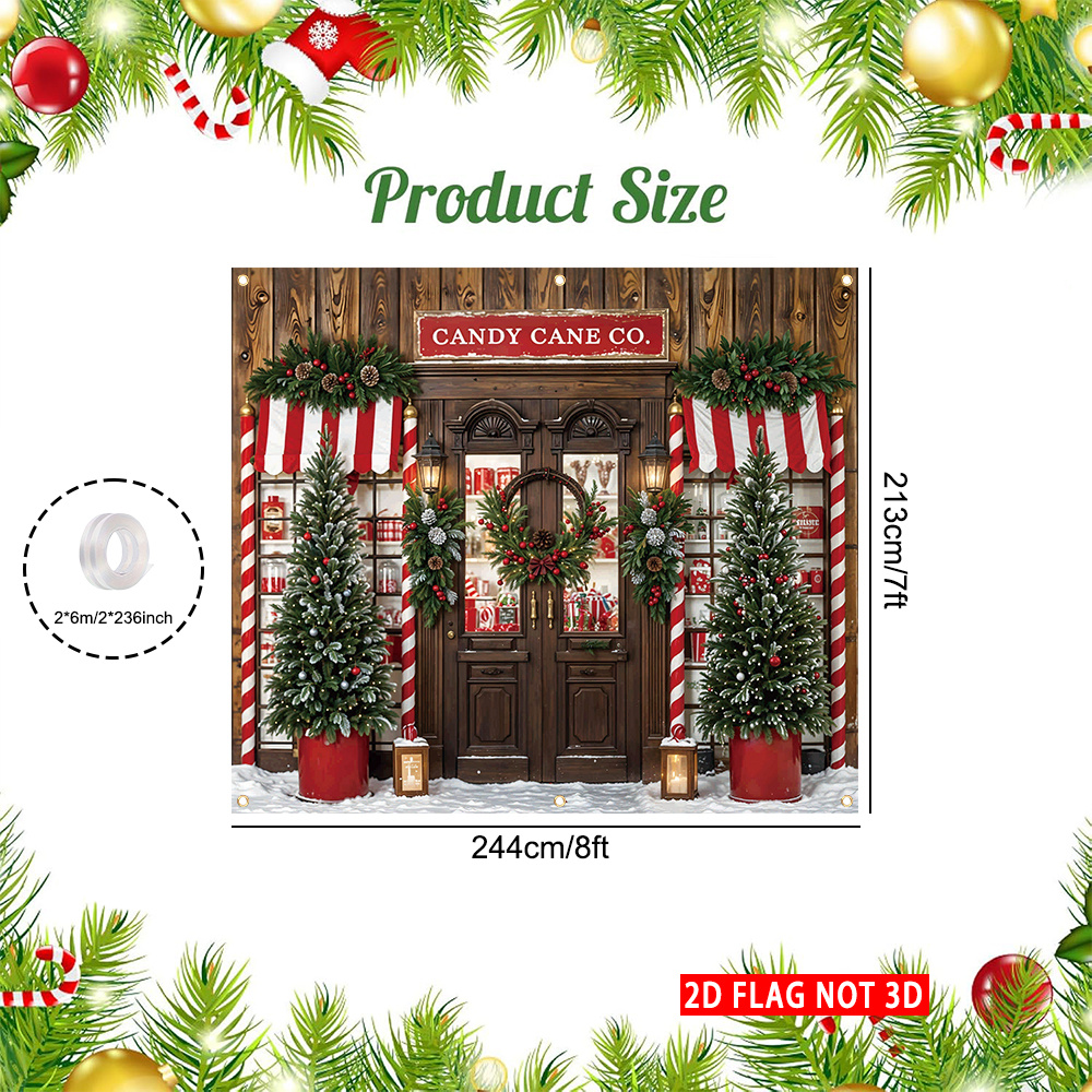 TEMU [2d Flag Not 3d]1pcs, Merry Christmas Garage Door Cover Flag, 8ftx7ft Durable Polyester, Candy Cane Shop Pattern Winter Design, Single Garage