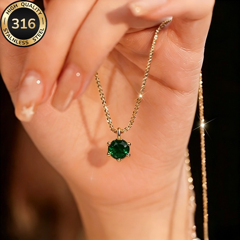 TEMU 1pc High-end Sparkling Synthetic Oxidized Green Zirconia Pendant Necklace, Women's Necklace, Fashion Women's Clavicle Chain, Women's Accessory,